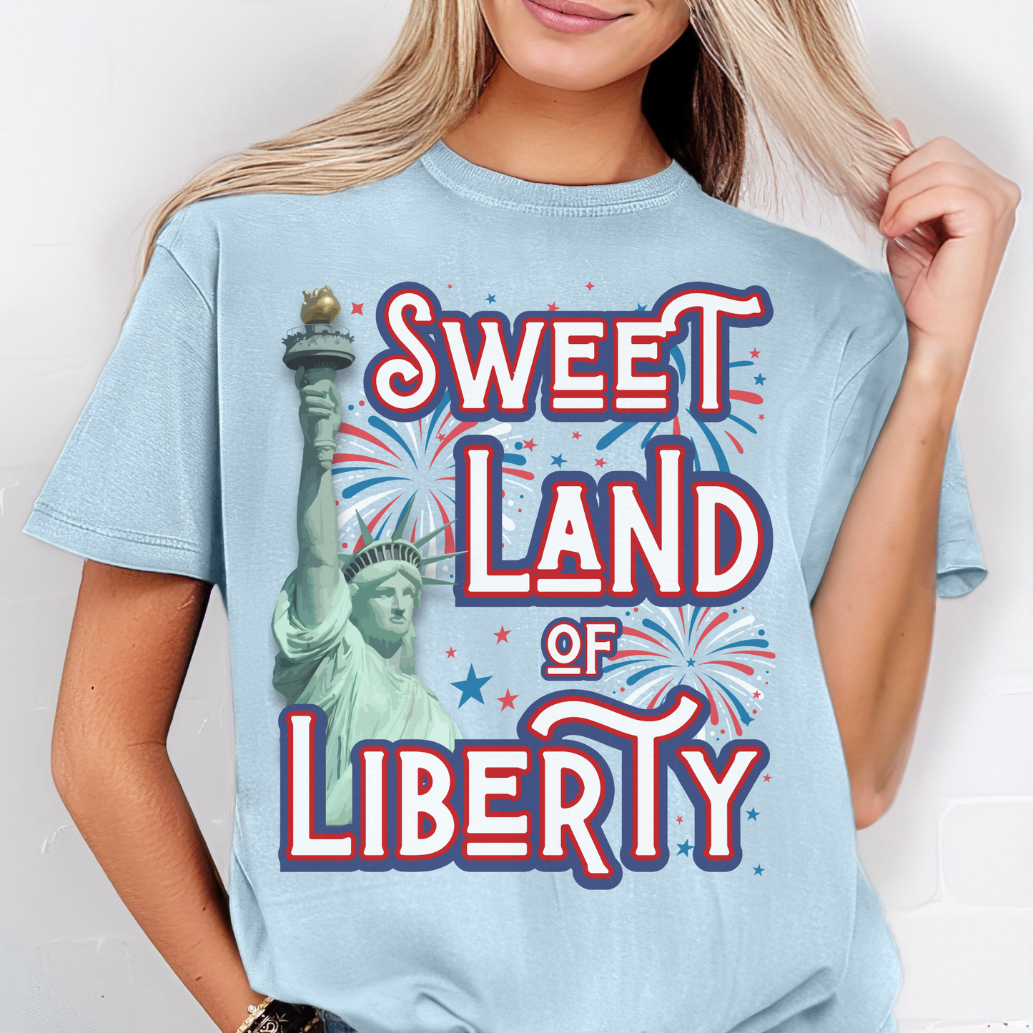 Sweet land of liberty comfort colors Statue of Liberty USA hot sweet tees free shipping patriotic USA america first birthday Father’s Day gift southern values trump 47 comfort colors t shirt tee women tee men tee Chambray baby blue