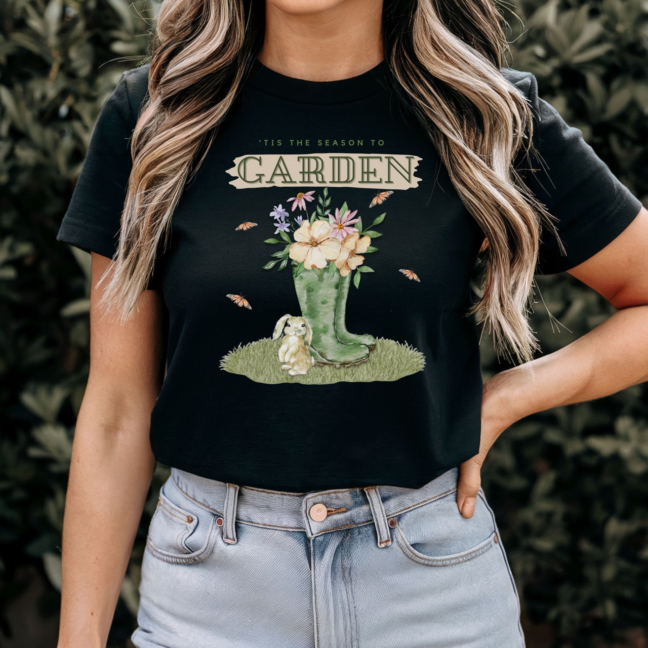 Tis the season to garden hotsweettees spring time gardening gardener gift free shipping unisex soft spring t shirt spring bunny rain boots butterflies watercolor flowers Gift garden spring time pastels Easter bunny