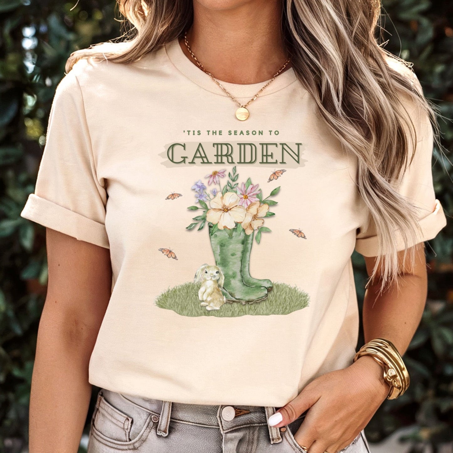 Tis the season to garden hotsweettees spring time gardening gardener gift free shipping unisex soft spring t shirt spring bunny rain boots butterflies watercolor flowers Gift garden spring time pastels Easter bunny