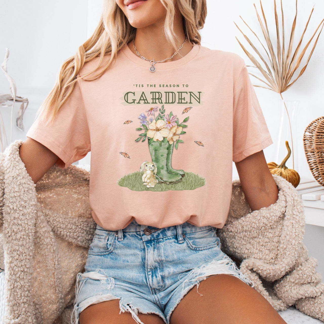Tis the season to garden hotsweettees spring time gardening gardener gift free shipping unisex soft spring t shirt spring bunny rain boots butterflies watercolor flowers Gift garden spring time pastels Easter bunny