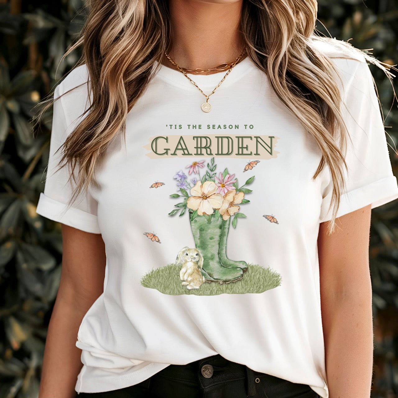 Tis the season to garden hotsweettees spring time gardening gardener gift free shipping unisex soft spring t shirt spring bunny rain boots butterflies watercolor flowers Gift garden spring time pastels Easter bunny