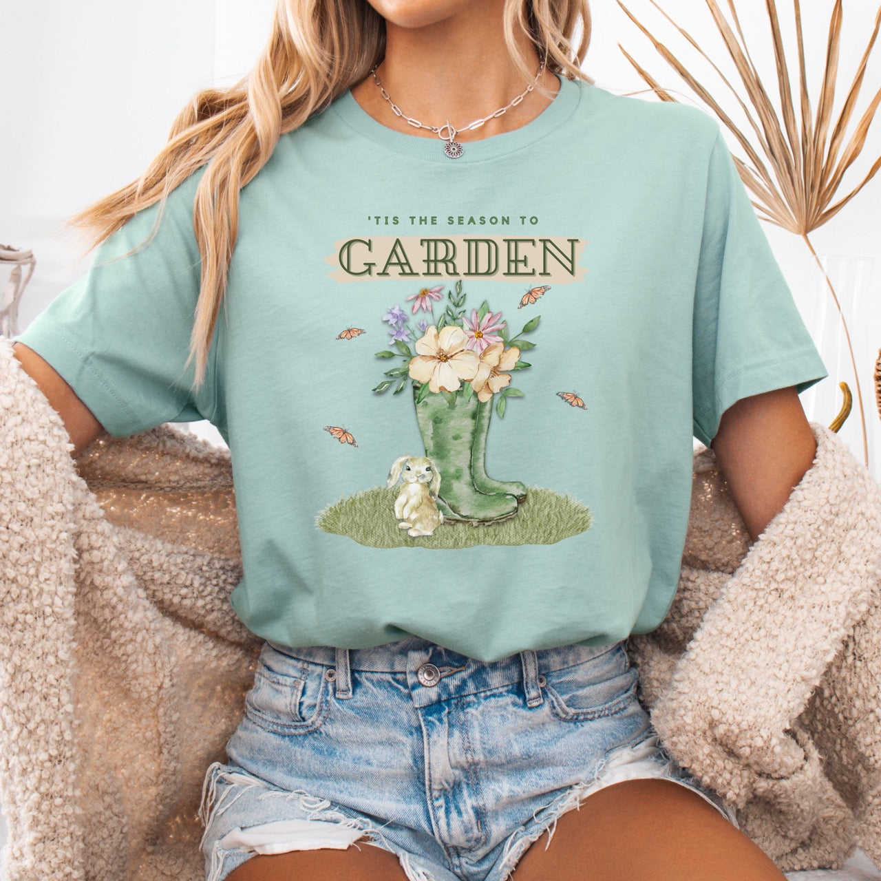 Tis the season to garden hotsweettees spring time gardening gardener gift free shipping unisex soft spring t shirt spring bunny rain boots butterflies watercolor flowers Gift garden spring time pastels Easter bunny