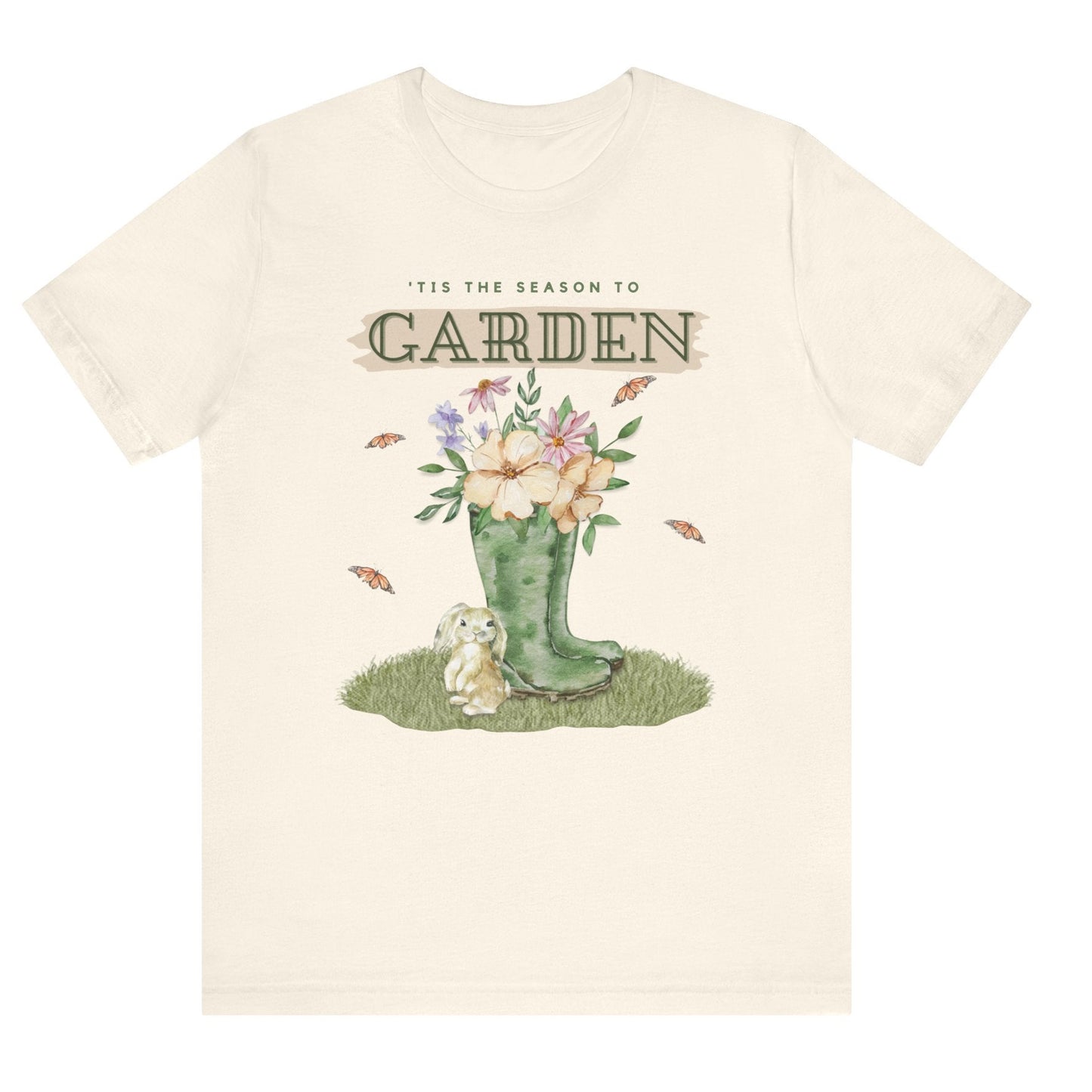 Tis the season to garden hotsweettees spring time gardening gardener gift free shipping unisex soft spring t shirt spring bunny rain boots butterflies watercolor flowers Gift garden spring time pastels Easter bunny