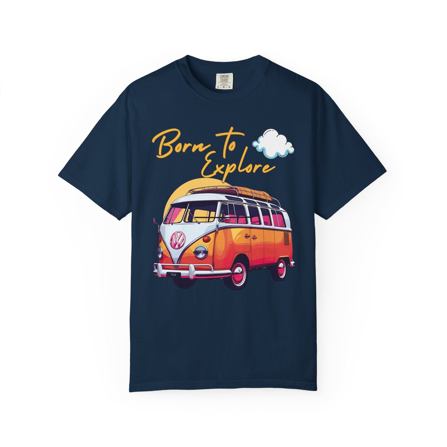 Comfort colors t shirt born to explore traveler vintage VW bus van life hotsweettees free shipping gift hobby travel pink font white puffy cloud mountains sunrise pink yellow blue green comfort t shirt fall ready traveler mountain Vw bus vintage Vw bus 1960s bus van life bus life