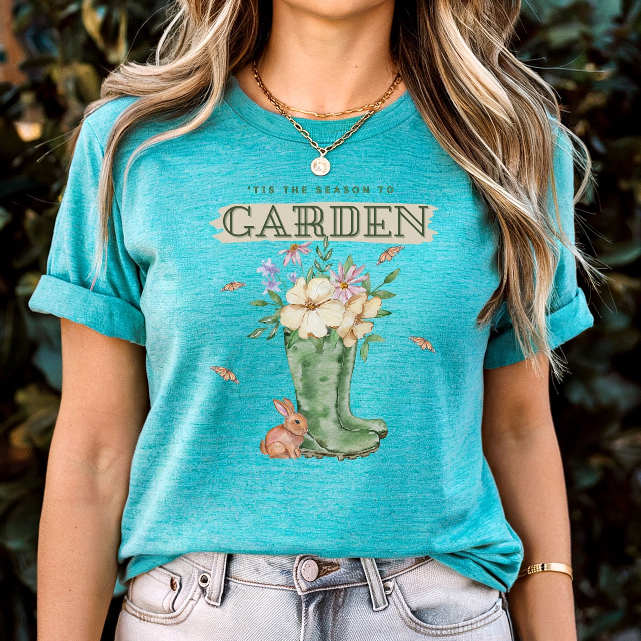 Tis the season to garden hotsweettees spring time gardening gardener gift free shipping unisex soft spring t shirt spring bunny rain boots butterflies watercolor flowers Gift garden spring time pastels Easter bunny