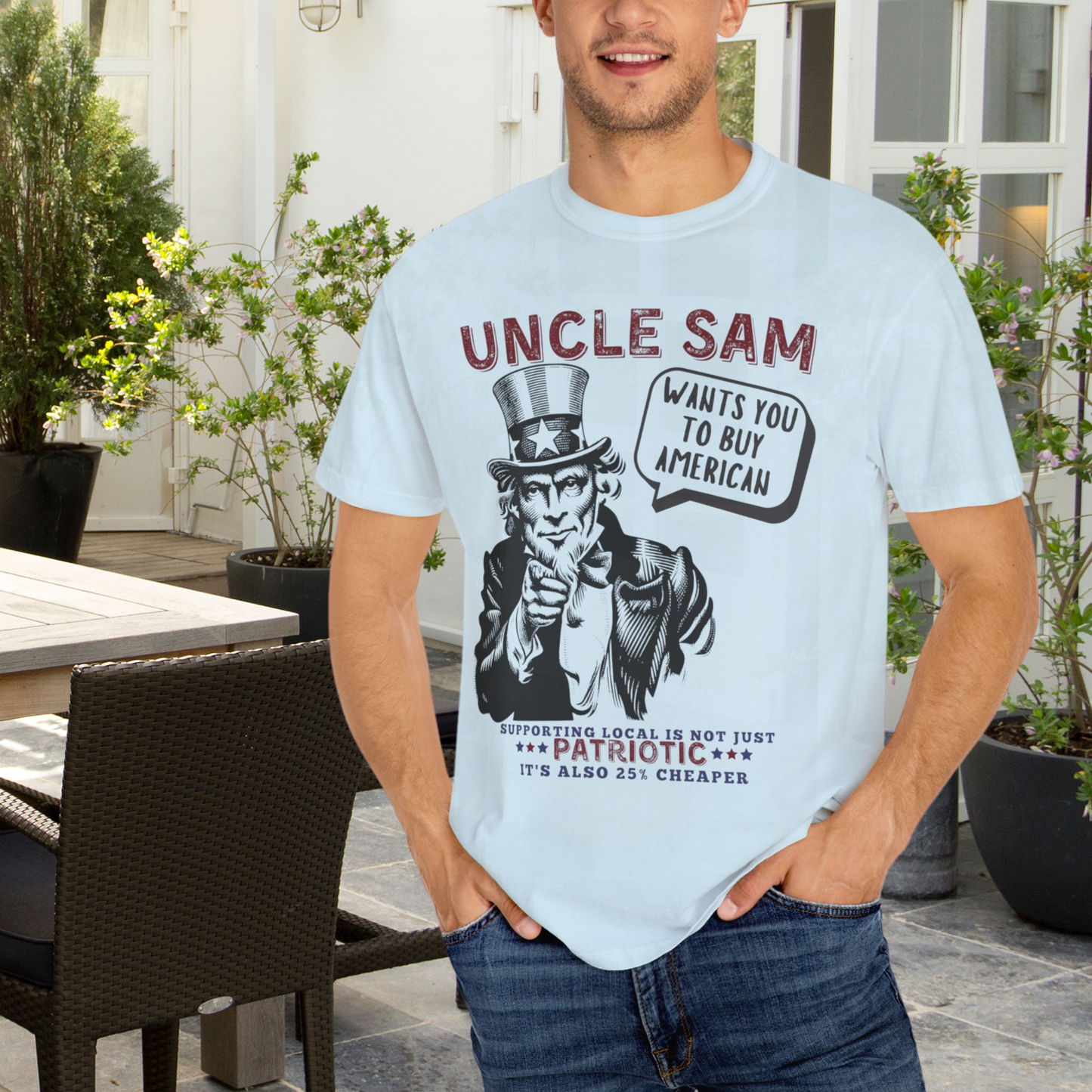 Uncle Sam wants you to buy American hotsweettees unisex comfort colors t shirt patriotic man america birthday gift trump 2025 republican maga hotsweettees gift birthday free shipping U.S.A. Southern charm American pride Chambray