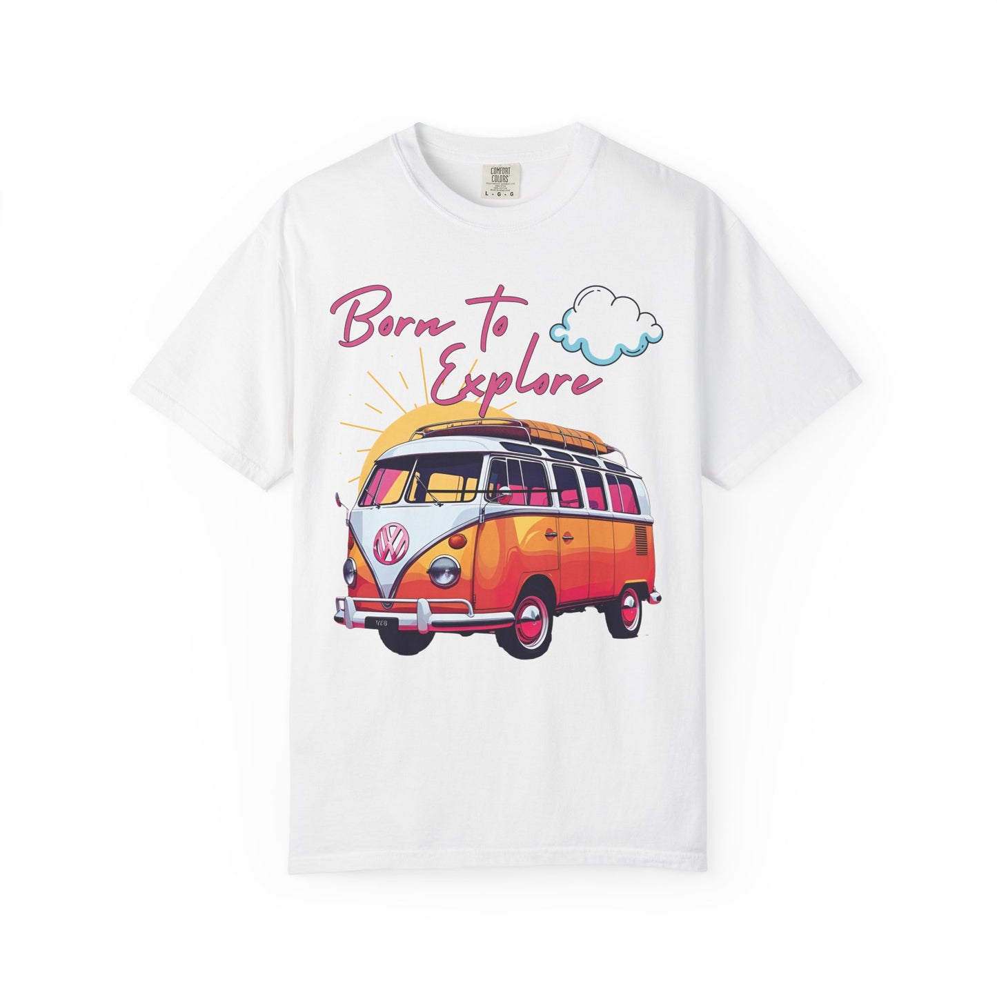 Comfort colors t shirt born to explore traveler vintage VW bus van life hotsweettees free shipping gift hobby travel pink font white puffy cloud mountains sunrise pink yellow blue green comfort t shirt fall ready traveler mountain Vw bus vintage Vw bus 1960s bus van life bus life