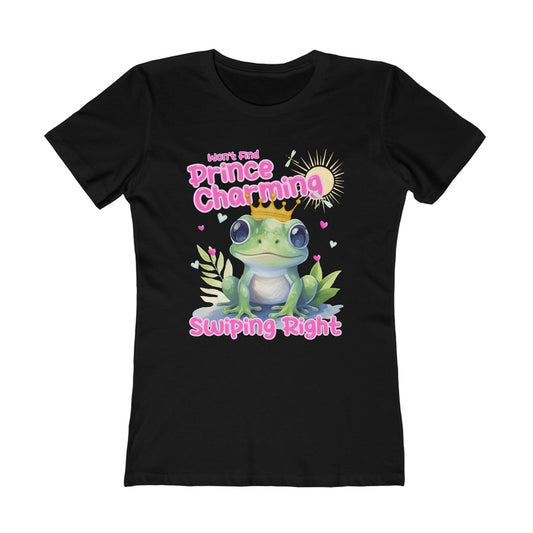 Won’t find Prince Charming swiping right womens t shirt dating apps single ladies birthday gift frog Prince pink hearts hot sweet tees next level 3900 women’s tee
