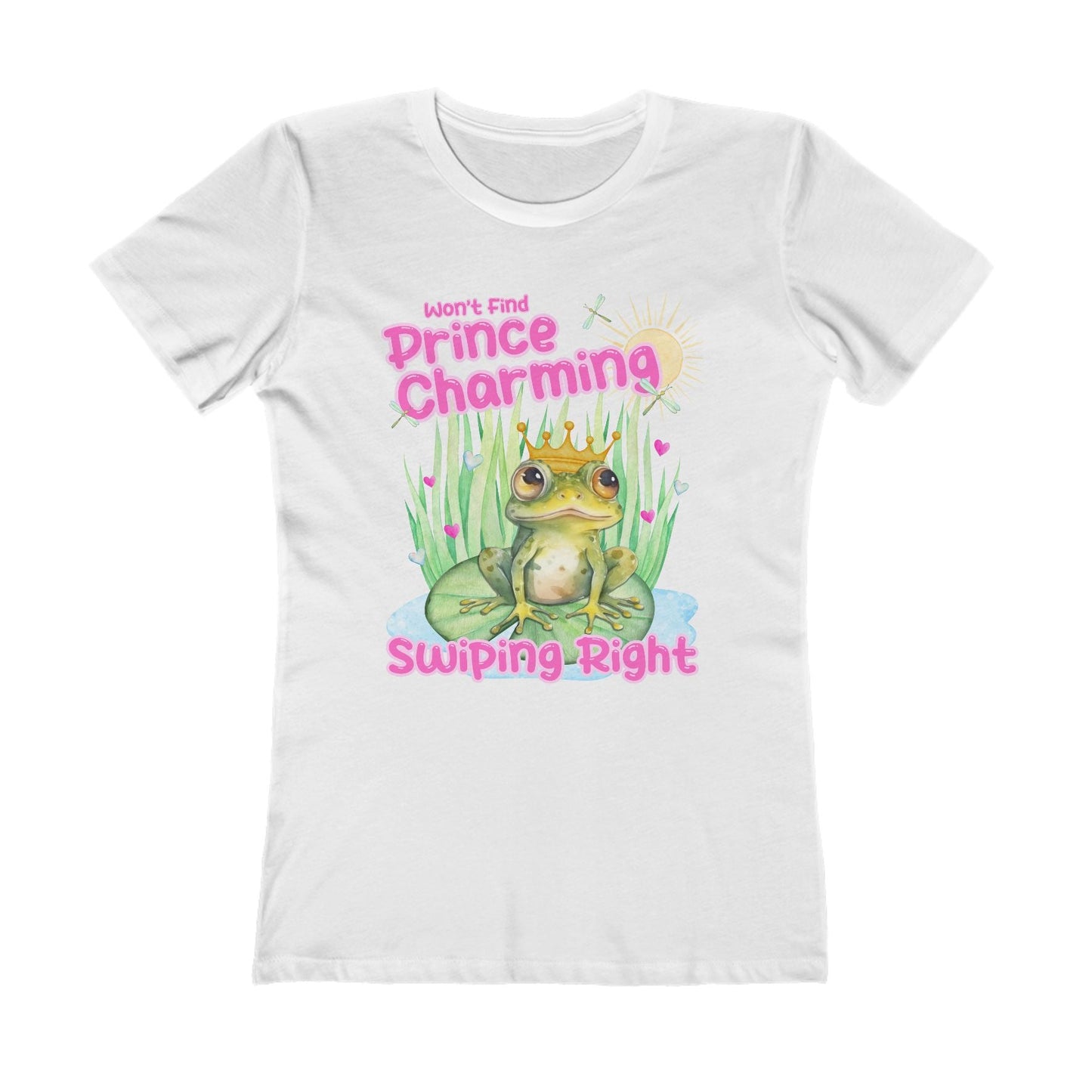 Won’t find Prince Charming swiping right womens t shirt dating apps single ladies birthday gift frog Prince pink hearts hot sweet tees next level 3900 women’s tee White tee watercolor frog lake side lily pad hearts