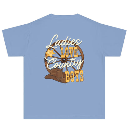 Ladies love country boys t shirt unisex hotsweettees country music shirt country boy gift for dad deep country roots cowboy hat sheriff badge wagon wheel back design free shipping birthday gift dad and son matching shirts blue jean kids