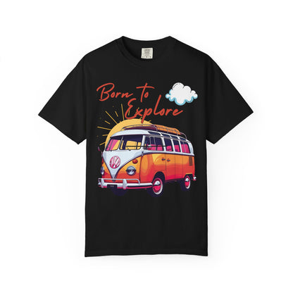 Comfort colors  t shirt born to explore traveler vintage VW bus van life hotsweettees free shipping gift hobby travel pink font white puffy cloud mountains sunrise pink yellow blue green comfort t shirt fall ready traveler mountain Vw bus vintage Vw bus 1960s bus van life bus life