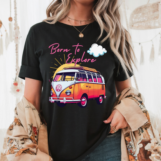 Comfort colors  t shirt born to explore traveler vintage VW bus van life hotsweettees free shipping gift hobby travel pink font white puffy cloud mountains sunrise pink yellow blue green comfort t shirt fall ready traveler mountain Black tee pink font sunset sunrise vacation traveler bus life vintage Vw bus
