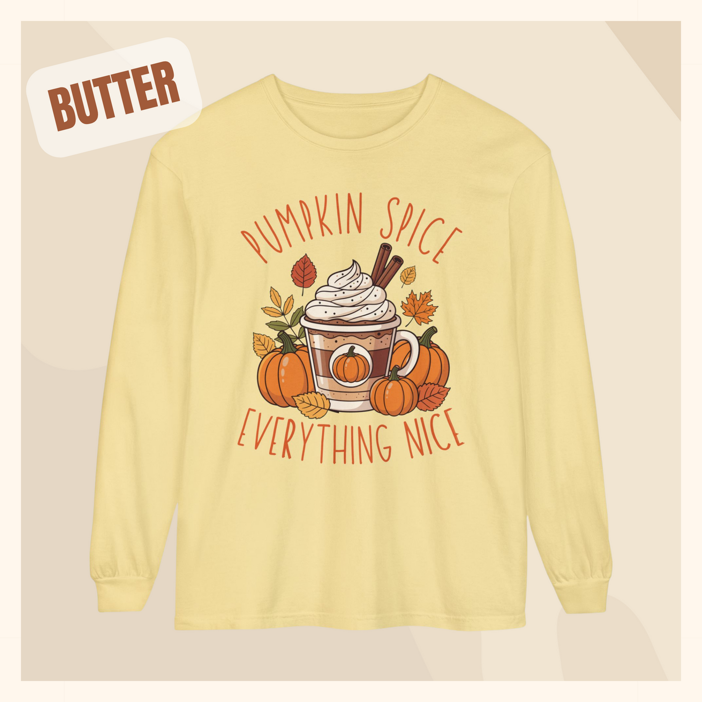 fall long sleeve pumpkin spice coffee autumn hotsweettees free shipping gift birthday women long sleeve fall long sleeve shirt cotton long sleeve comfort colors orange fall leaves pumpkins 