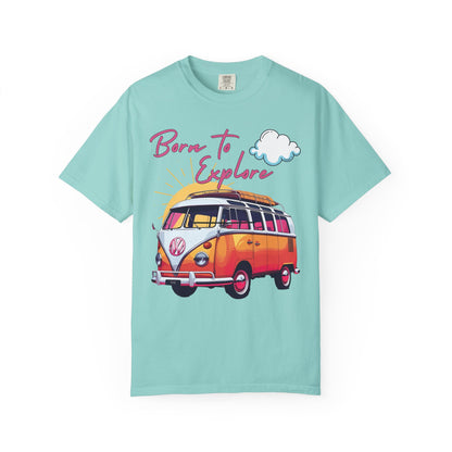 Comfort colors  t shirt born to explore traveler vintage VW bus van life hotsweettees free shipping gift hobby travel pink font white puffy cloud mountains sunrise pink yellow blue green comfort t shirt fall ready traveler mountain Vw bus vintage Vw bus 1960s bus van life bus life chalky mint