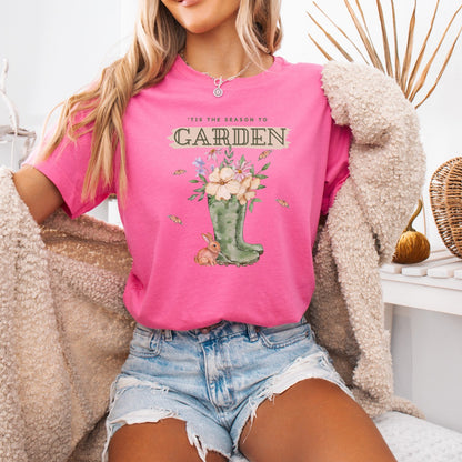 Tis the season to garden hotsweettees spring time gardening gardener gift free shipping unisex soft spring t shirt spring bunny rain boots butterflies watercolor flowers Gift garden spring time pastels Easter bunny