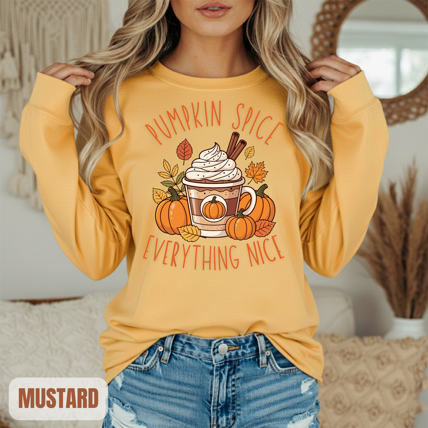 Yellow fall long sleeve pumpkin spice coffee autumn hotsweettees free shipping gift birthday women long sleeve fall long sleeve shirt cotton long sleeve comfort colors orange fall leaves pumpkins 