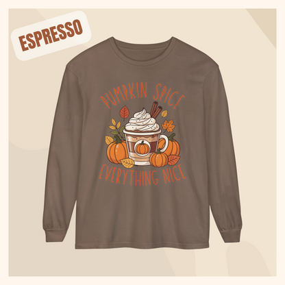fall long sleeve pumpkin spice coffee autumn hotsweettees free shipping gift birthday women long sleeve fall long sleeve shirt cotton long sleeve comfort colors orange fall leaves pumpkins 
