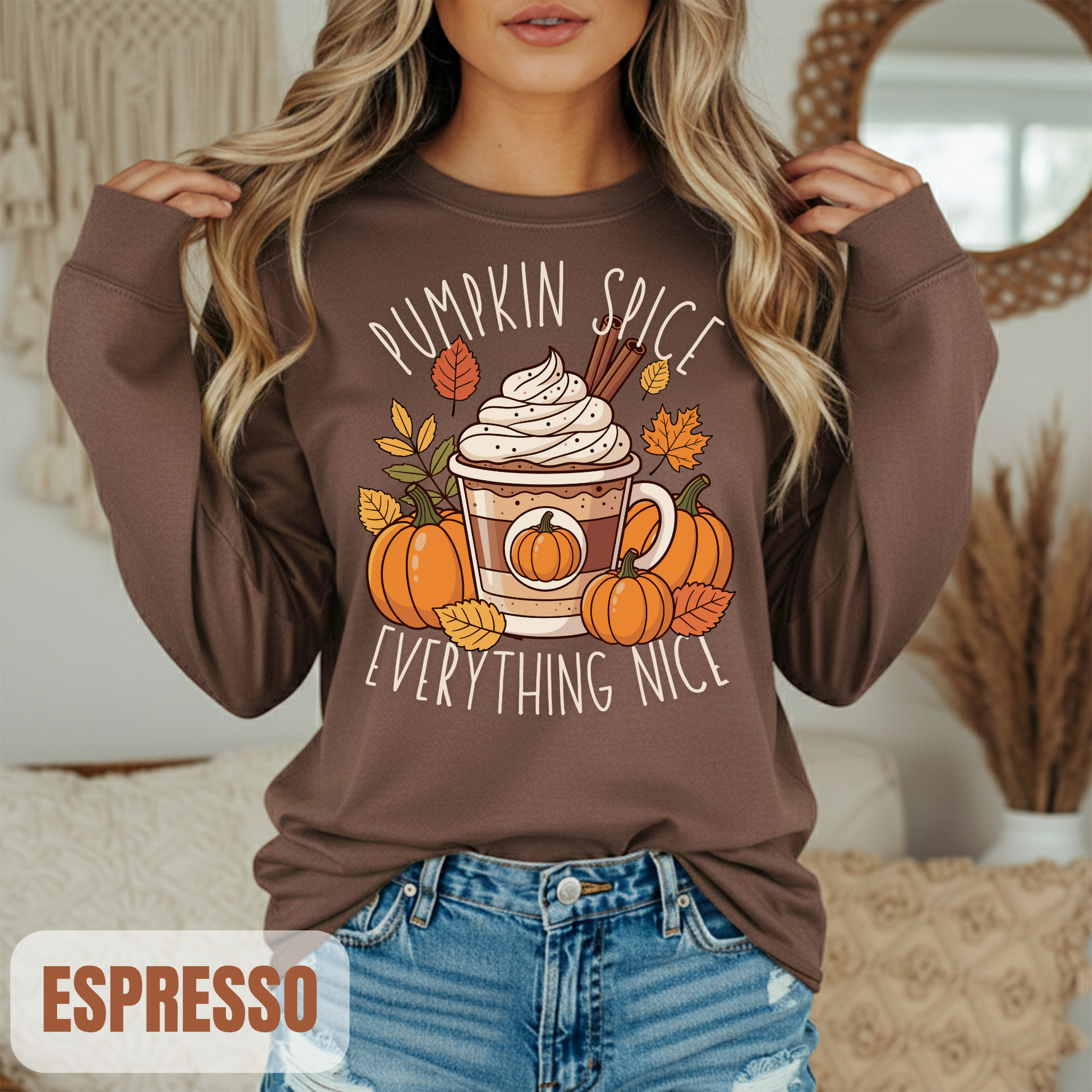 fall long sleeve pumpkin spice coffee autumn hotsweettees free shipping gift birthday women long sleeve fall long sleeve shirt cotton long sleeve comfort colors orange fall leaves pumpkins 