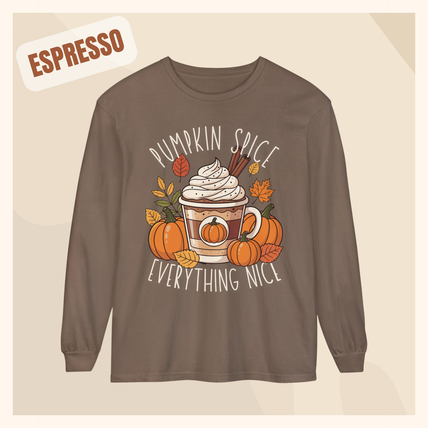 fall long sleeve pumpkin spice coffee autumn hotsweettees free shipping gift birthday women long sleeve fall long sleeve shirt cotton long sleeve comfort colors orange fall leaves pumpkins 