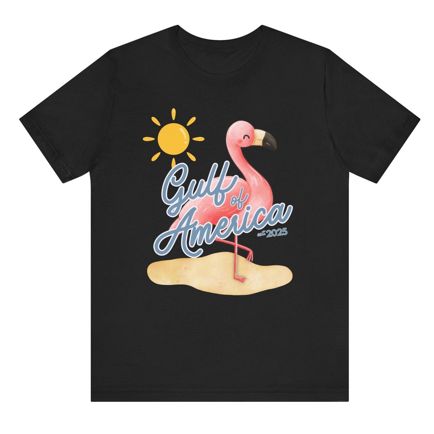 Gulf of America Unisex T Shirt Patriotic Themed USA Summer Pink Flamingo Beach Trump 2025 hotsweettees spring break shirt women’s birthday gift cute flamingo pink free shipping gift trump lover gift hot sweet tees t shirt Cotton tee  black