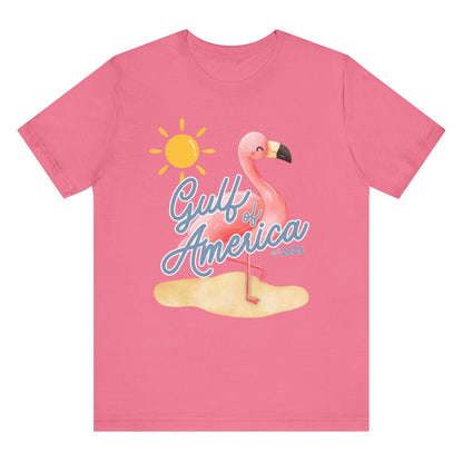 Gulf of America Unisex T Shirt Patriotic Themed USA Summer Pink Flamingo Beach Trump 2025 hotsweettees spring break shirt women’s birthday gift cute flamingo pink free shipping gift trump lover gift hot sweet tees t shirt Cotton tee Charity pink