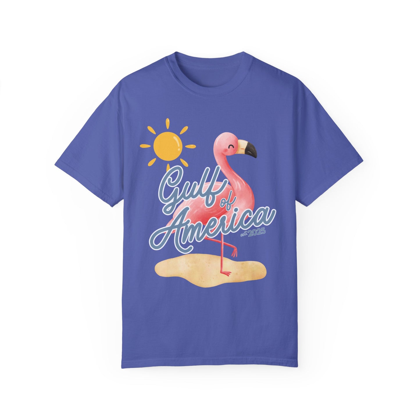 Gulf of america 2025 summer beach patriotic unisex comfort colors hot sweet tees free shipping america flamingo beach sun Florida Texas comfort colors america trump 2025 gulf America tee American made comfort colors maga  Flo blue