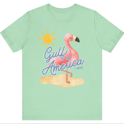 Gulf of America Unisex T Shirt Patriotic Themed USA Summer Pink Flamingo Beach Trump 2025 hotsweettees spring break shirt women’s birthday gift cute flamingo pink free shipping gift trump lover gift hot sweet tees t shirt Cotton tee 