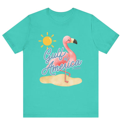 Gulf of America Unisex T Shirt Patriotic Themed USA Summer Pink Flamingo Beach Trump 2025 hotsweettees spring break shirt women’s birthday gift cute flamingo pink free shipping gift trump lover gift hot sweet tees t shirt Cotton tee 
