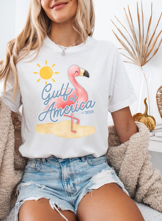 Gulf of America Unisex T Shirt Patriotic Themed USA Summer Pink Flamingo Beach Trump 2025 hotsweettees spring break shirt women’s birthday gift cute flamingo pink free shipping gift trump lover gift hot sweet tees t shirt Cotton tee 