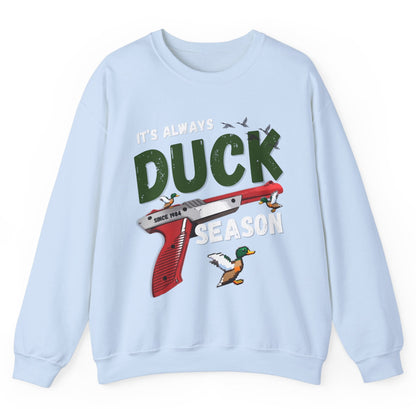 Its always duck season Nintendo game vintage gamer hotsweettees gift video games Mario duck hunt hunter country theme nostalgia womens gift unisex t shirt  t shirt mockup duck hunting orange gun video games Nintendo duck hunt 1980 game free shipping Nintendo sweater men’s gamer sweater men’s Nintendo sweater womens Nintendo themed sweater pull over orange duck hunt Nintendo gun classic orange gun duck hunter Baby blue sweatshirt