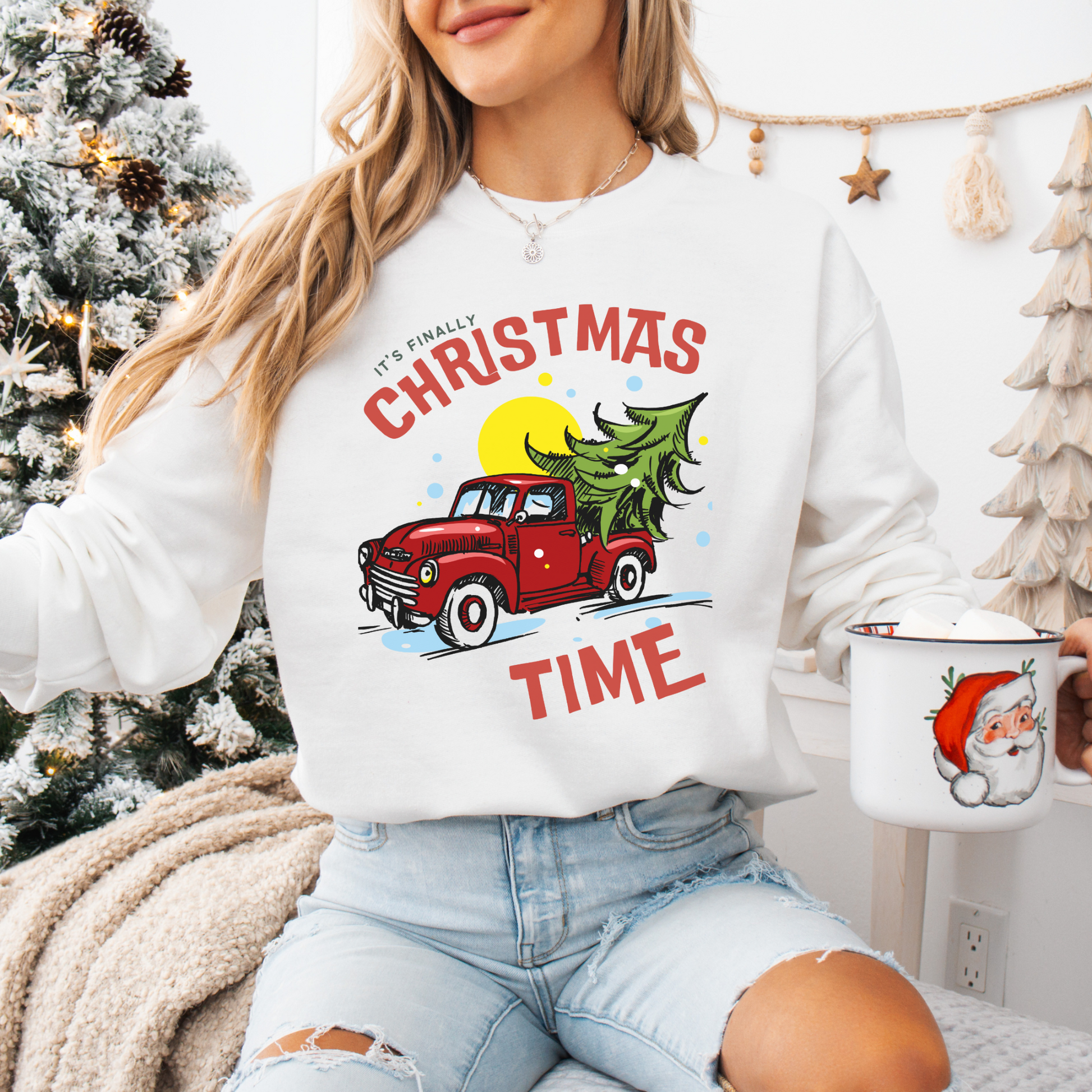 Its finally Christmas time pullover sweater gildan 18000 cotton cozy sweater woman’s Christmas sweater gift for her red truck with Christmas tree hotsweettees free shipping Christmas gift