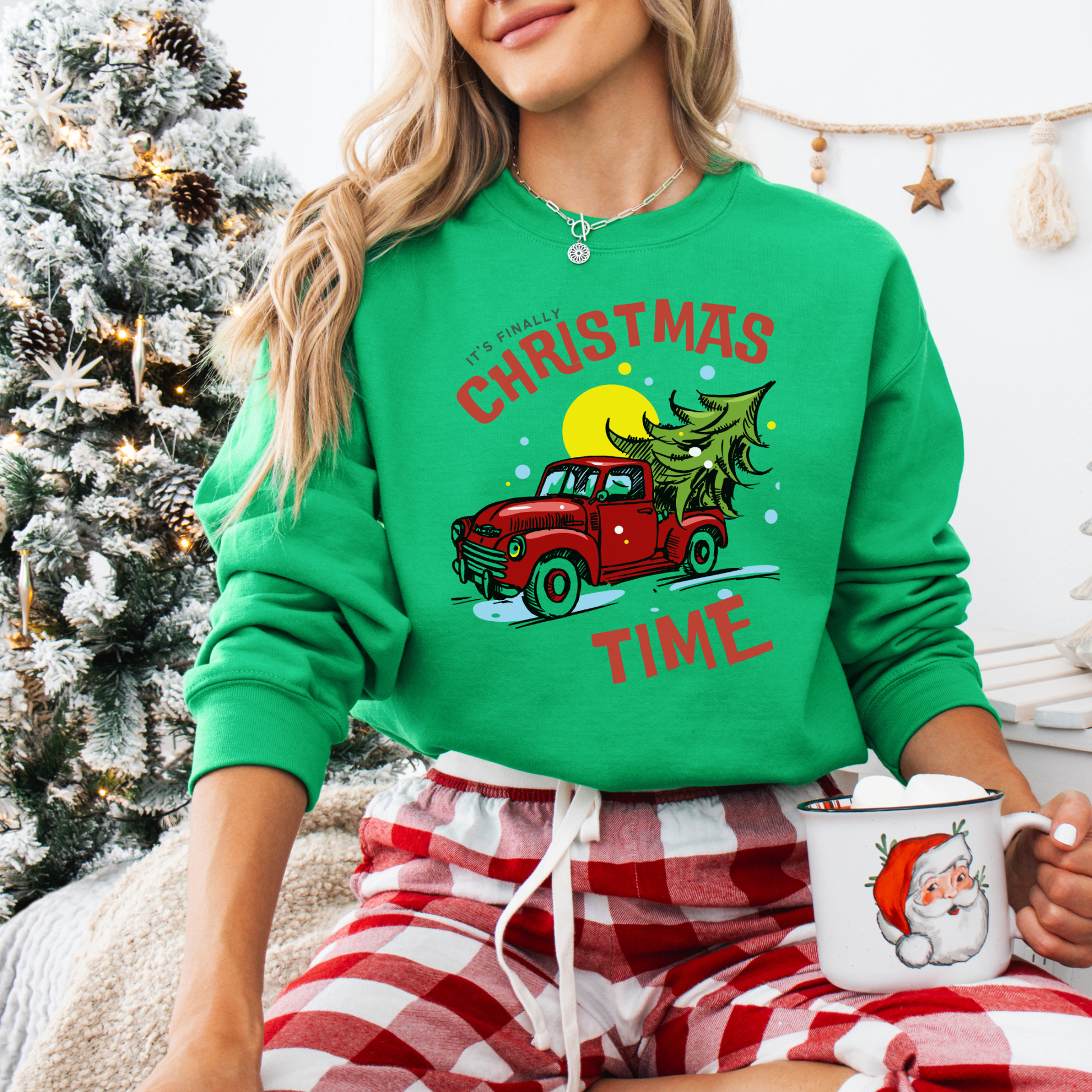 Its finally Christmas time pullover sweater gildan 18000 cotton cozy sweater woman’s Christmas sweater gift for her red truck with Christmas tree hotsweettees free shipping Christmas gift Green sweater