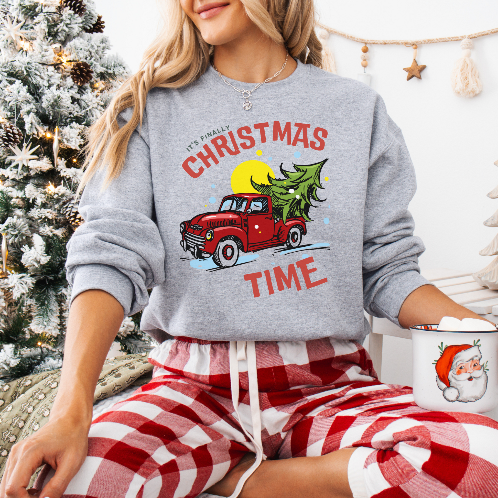 Its finally Christmas time pullover sweater gildan 18000 cotton cozy sweater woman’s Christmas sweater gift for her red truck with Christmas tree hotsweettees free shipping Christmas gift