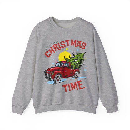 Its finally Christmas time pullover sweater gildan 18000 cotton cozy sweater woman’s Christmas sweater gift for her red truck with Christmas tree hotsweettees free shipping Christmas gift