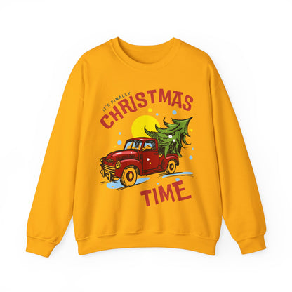Its finally Christmas time pullover sweater gildan 18000 cotton cozy sweater woman’s Christmas sweater gift for her red truck with Christmas tree hotsweettees free shipping Christmas gift