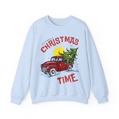 Its finally Christmas time pullover sweater gildan 18000 cotton cozy sweater woman’s Christmas sweater gift for her red truck with Christmas tree hotsweettees free shipping Christmas gift
