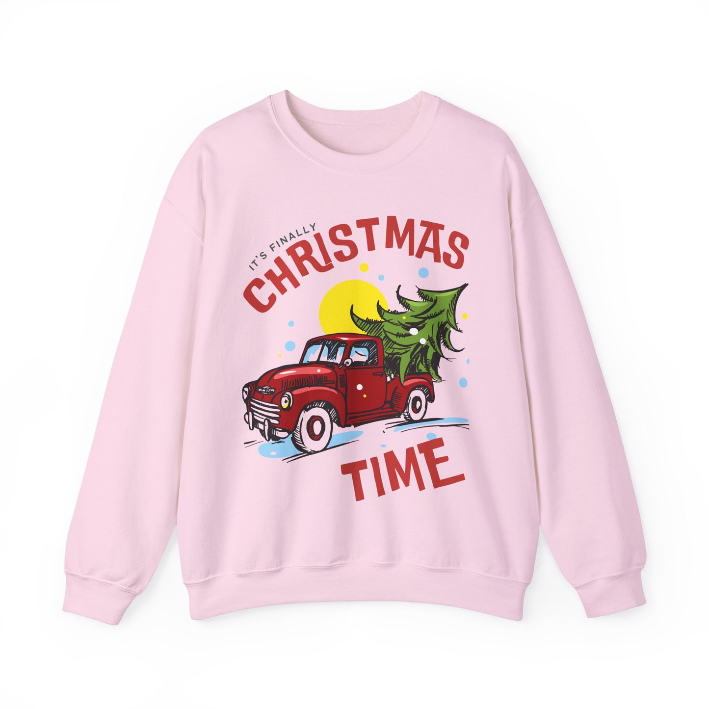 Its finally Christmas time pullover sweater gildan 18000 cotton cozy sweater woman’s Christmas sweater gift for her red truck with Christmas tree hotsweettees free shipping Christmas gift