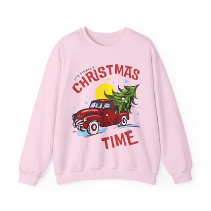 Its finally Christmas time pullover sweater gildan 18000 cotton cozy sweater woman’s Christmas sweater gift for her red truck with Christmas tree hotsweettees free shipping Christmas gift
