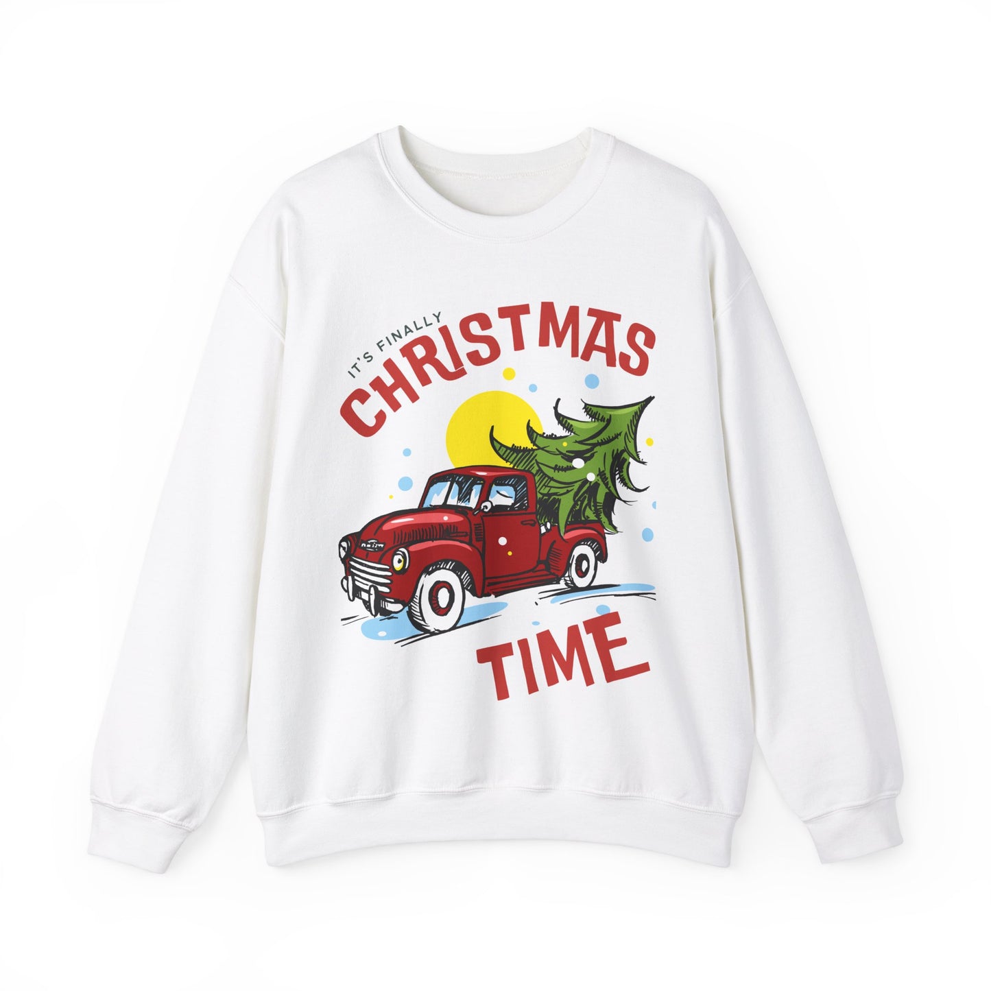 Its finally Christmas time pullover sweater gildan 18000 cotton cozy sweater woman’s Christmas sweater gift for her red truck with Christmas tree hotsweettees free shipping Christmas gift