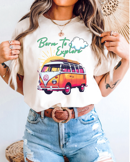 Comfort colors  t shirt born to explore traveler vintage VW bus van life hotsweettees free shipping gift hobby travel pink font white puffy cloud mountains sunrise pink yellow blue green comfort t shirt fall ready traveler mountain 