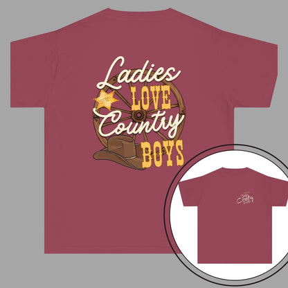 Ladies love country boys t shirt unisex hotsweettees country music shirt country boy gift for dad deep country roots cowboy hat sheriff badge wagon wheel back design free shipping birthday gift dad and son matching shirts crimson