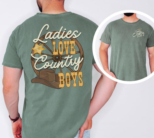 Ladies love country boys t shirt unisex hotsweettees country music shirt country boy gift for dad deep country roots cowboy hat sheriff badge wagon wheel back design free shipping birthday gift dad and son matching shirts Light green