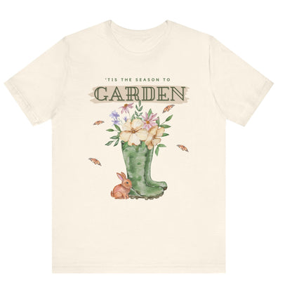 Tis the season to garden hotsweettees spring time gardening gardener gift free shipping unisex soft spring t shirt spring bunny rain boots butterflies watercolor flowers Gift garden spring time pastels Easter bunny Natural brown bunny