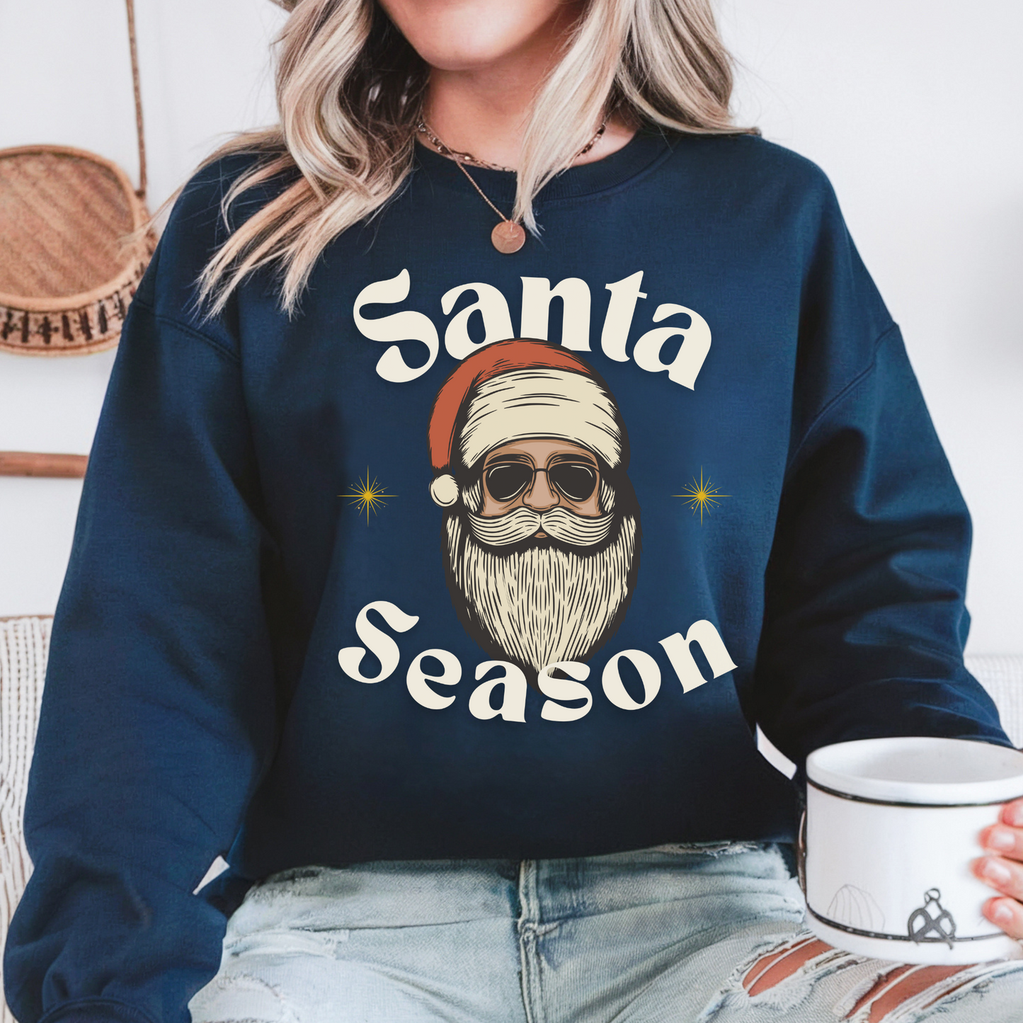 Santa Season Christmas pullover sweater Santa with sunglasses cool guy Santa hotsweettees Gildan sweater cotton cozy winter sweater womens gift for her free shipping holiday gear holiday gift made easy