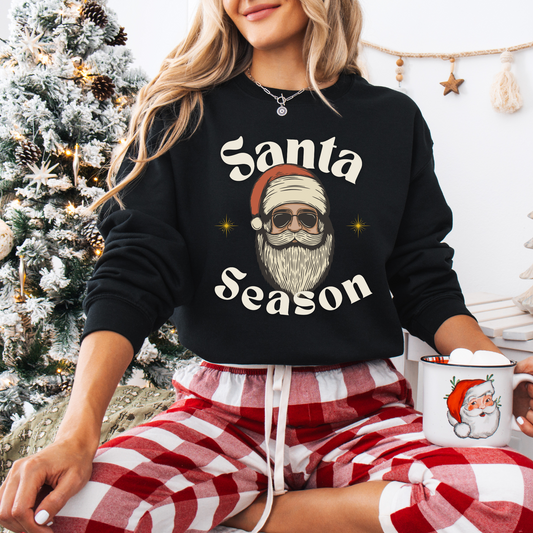 Santa Season Christmas pullover sweater Santa with sunglasses cool guy Santa hotsweettees Gildan sweater cotton cozy winter sweater womens gift for her free shipping holiday gear holiday gift made easy