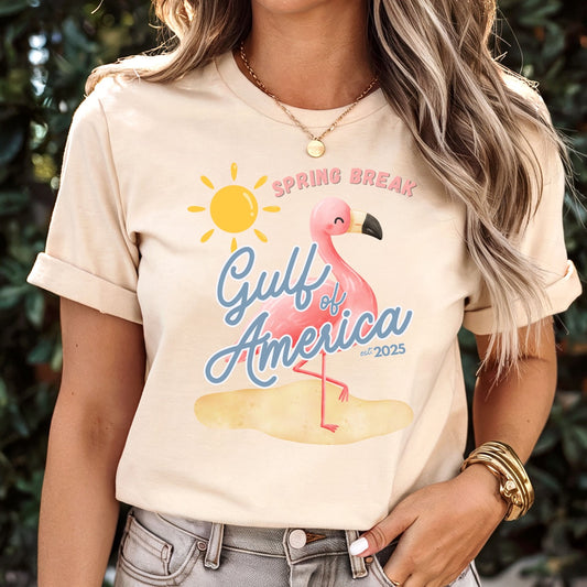 Spring break gulf of America t shirt pink flamingo beach sun shine Florida trump 2025 unisex t shirt hotsweettees pink shirt summer shirt birthday gift trump lovers gift spring break 2025 t shirt Florida summer patriotic women’s t shirt