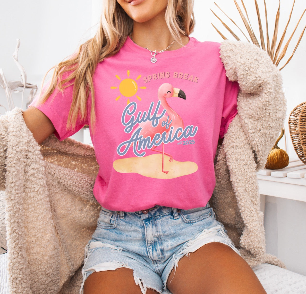 Spring break gulf of America t shirt pink flamingo beach sun shine Florida trump 2025 unisex t shirt hotsweettees pink shirt summer shirt birthday gift trump lovers gift spring break 2025 t shirt Florida summer patriotic women’s t shirt