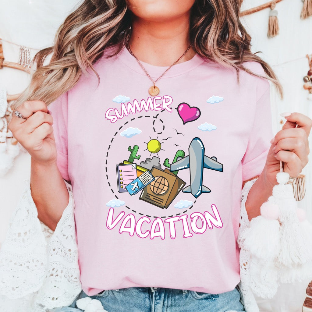 Summer vacation airplane pink heart comfort colors hot sweet tees free shipping beach vacay women t shirt birthday gift holiday  plane airplane travel suitcase desert clouds pink heart ticket to ride dream vacation women t shirt men t shirt kids t shirt vacation cotton crew neck US cotton ethnically sourced free shipping Pink blossom