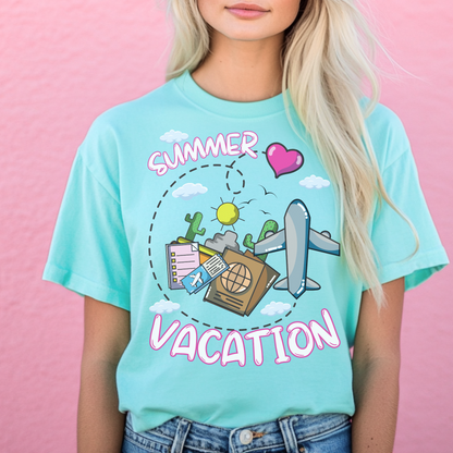 Summer vacation airplane pink heart comfort colors hot sweet tees free shipping beach vacay women t shirt birthday gift holiday  plane airplane travel suitcase desert clouds pink heart ticket to ride dream vacation women t shirt men t shirt kids t shirt vacation free shipping Chalky mint