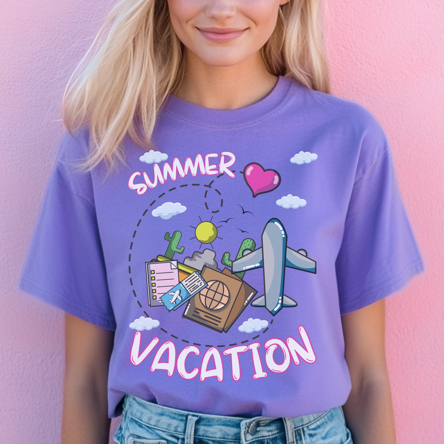 Summer vacation airplane pink heart comfort colors hot sweet tees free shipping beach vacay women t shirt birthday gift holiday  plane airplane travel suitcase desert clouds pink heart ticket to ride dream vacation women t shirt men t shirt kids t shirt vacation free shipping Violet